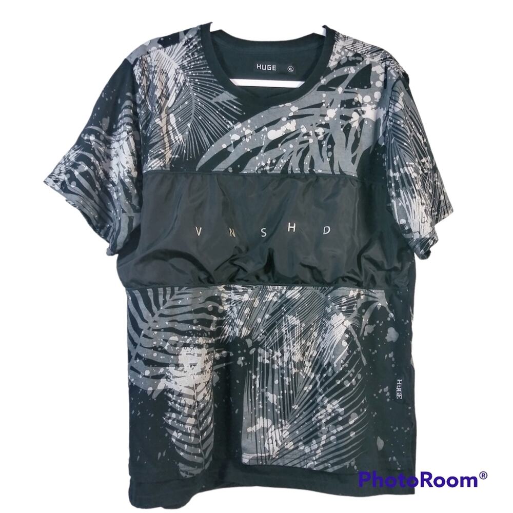 HUGE CLOTHING VNSHD Black Palm Leaf Print Short Sleeve Tee Size XL